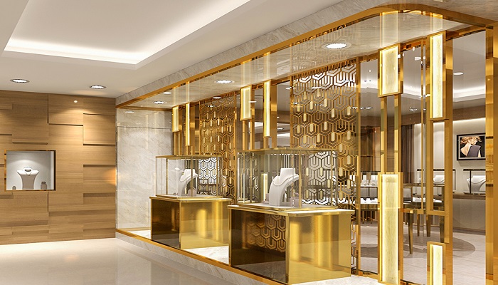 طراحی دکور طلافروشی با استیل طلایی